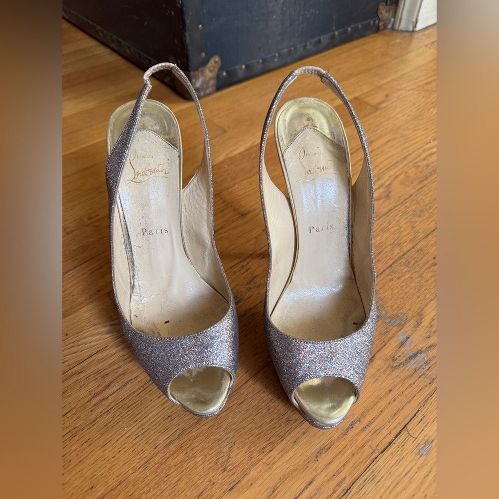 Christian Louboutin Lady Peep 150 Rainbow Glitter Peep Toe Sling Back Sz 40 - Picture 16 of 16